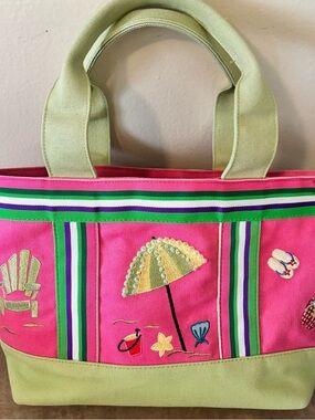 Tianni brand Summer Canvas Beach Tote Bag in Pink and Green